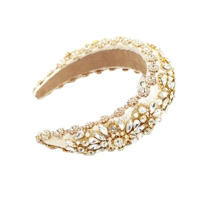 Luxury Baroque padded headband with white pearls and sparkling floral rhinestones