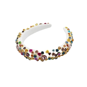 Baroque style white padded headband with colorful rhinestones and crystals on white base