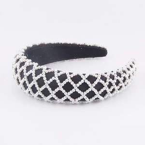 Chic black sponge headband featuring an elegant white pearl diamond mesh pattern design