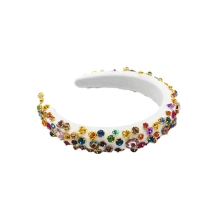 Baroque padded white headband with colorful rhinestones and metal flowers accessory