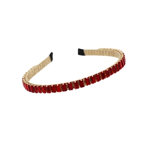 Golden baroque headband with rectangular red crystals for an elegant evening look