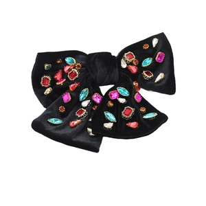Barrette à cheveux nœud en velours noir avec strass colorés et perles pour femmes