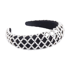 Elegant fashion sponge headband with white pearls in a retro mesh pattern for women