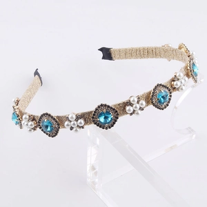 Fashion gold wire wrapped headband with blue crystals and pearls for women's street style