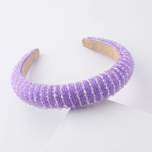 Detailed view of handmade lavender crystal beaded headband with thick velvet lining