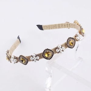 Fashionable gold wire wrap headband with elegant white pearls and yellow crystals