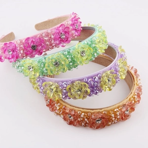 Serre-tête de Mode Femme Fleurs en Cristal Transparent et Strass Cerceau de Cheveux en Résine Plastique pour Plage Voyage Cadeau Accessoires