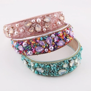Baroque Rhinestone Artificial Pearl Wide Headband Luxury Vintage Bohemian Hair Hoop For Women Party Wedding Hair Accessories