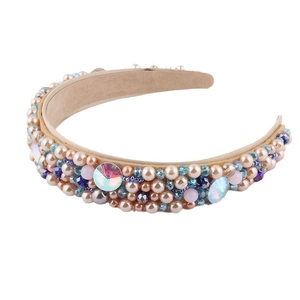 Baroque wide sponge headband with luxury champagne pearls and blue crystals on beige fabric
