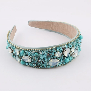 Bohemian wide headband with turquoise stones and opalescent crystals on light blue satin