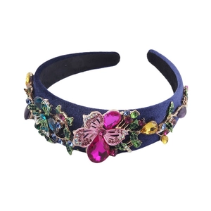 Baroque blue velvet headband featuring colorful crystals and metal butterfly decorations