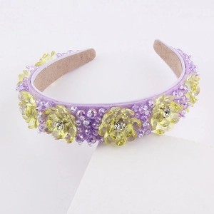 Serre-tête tendance avec fleurs en cristal, perles mauves et pétales jaunes