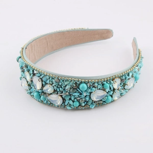 Baroque green wide headband with turquoise stones, faux pearls and colorful crystals