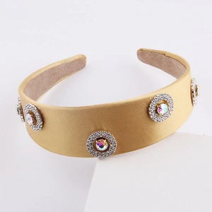 Champagne gold satin headband with iridescent crystal embellishments for parties