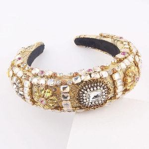 Baroque wide headband with colorful crystals and pearls on gold jacquard fabric