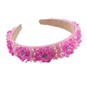 Serre-tête fleur à paillettes roses avec perles transparentes et strass noirs pour femme
