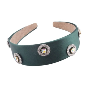 Padded dark green satin headband with rhinestone rings and colorful crystals for women