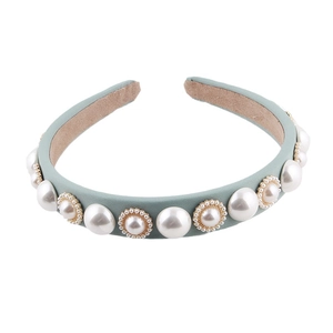 Elegant sage green fabric padded headband with faux pearls and gold accents for women