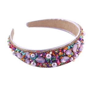 Baroque wide headband with multicolored crystals and pearls on purple satin fabric