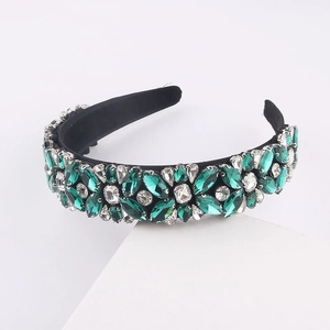 Luxe Barok haarband met groene kristallen en witte strass-steentjes op zwart fluweel