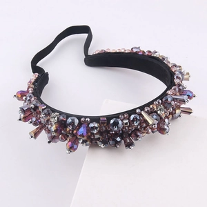 Baroque headband with purple crystal beads and rhinestones on a black wide frame