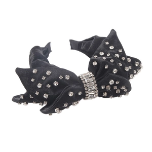 Baroque black satin headband with large rhinestone bow decoration for party and street style