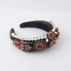 Baroque black sponge headband with red crystals and sequins for elegant party styling