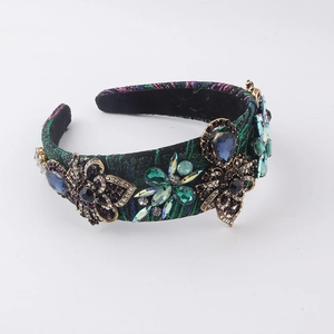 Serre-tête rembourré baroque en tissu floral vert violet avec bijoux fleurs en cristal