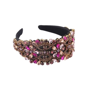 Baroque style wide headband with colorful crystals and rhinestones on black fabric base