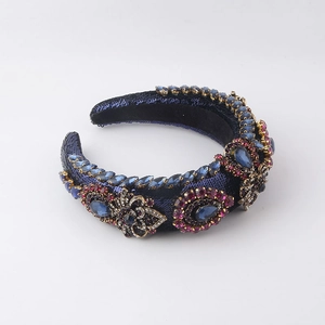 Baroque style wide sponge headband with blue sequins and multicolor gemstones