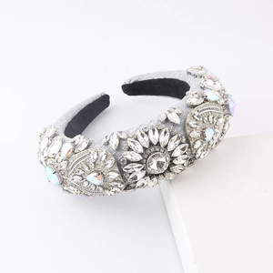Baroque style padded headband featuring sparkling rhinestones and crystal flower patterns