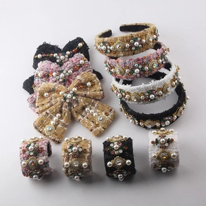 Fashion tweed headband set with pearls and rhinestones for women, colorful hair accessories
