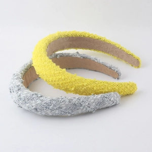 Elegant wide mesh fabric padded headband in lemon yellow and silver grey tones