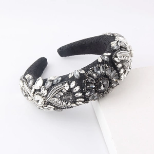 Baroque padded headband for women with sparkling rhinestones and black velvet finish