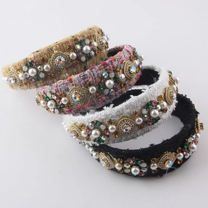 Chic tweed headband set with faux pearls and colorful rhinestones for women hair styling