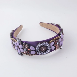 Baroque purple satin headband with handcrafted crystal floral beads for women