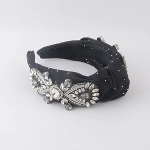 Baroque black fabric headband with silver dots and luxury rhinestone embellishments