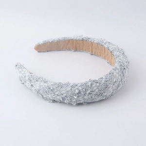 Elegant wide grey tweed padded headband with silver metallic thread and soft inner lining