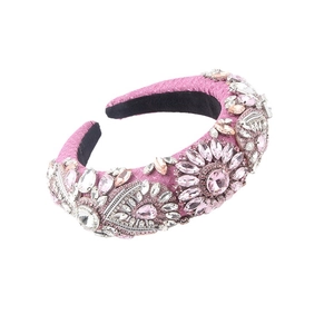 Chunky pink baroque sponge headband with sparkly rhinestones and sequins for women