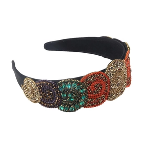 Baroque crystal headband with colorful bead embroidery on black velvet band
