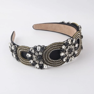 Baroque style headband with black and clear rhinestones and golden bead embroidery