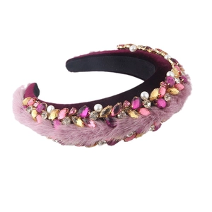 Serre-tête baroque en velours avec strass et bordure en fausse fourrure pour femme
