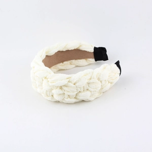 Fashionable cream white woven wide headband with textured fabric and non-slip inner layer