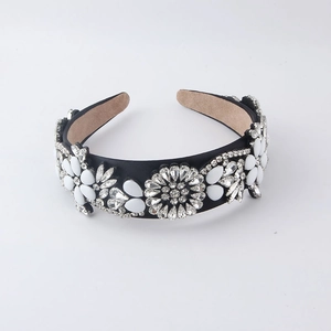 Baroque floral headband with white rhinestones and acrylic petals on black satin fabric