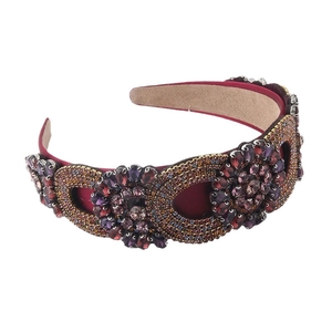 Baroque wide headband with wine red rhinestones and geometric crystal floral patterns