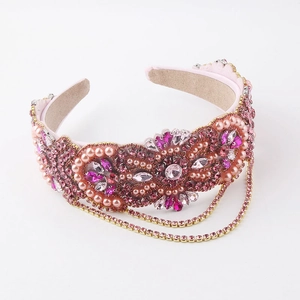 Luxury pink velvet headband with sparkling rhinestones, pearls and golden fringe tassels