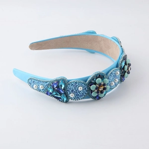 Baroque sky blue velvet headband with crystal flowers and pearls for women