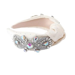 Elegant baroque knot headband in cream satin with colorful rhinestones and floral jewels