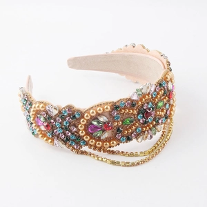 Luxury rhinestone headband with colorful crystals, pearls and sparkling tassel chains