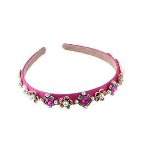 Retro rose pink satin headband with sparkling pink rhinestones and white pearls